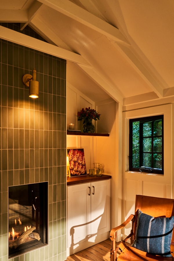Minibar and Fireplace in a Creekside Cabin